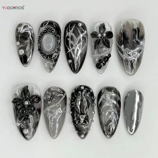 24pcs Vintage Frame Fake Nails Smudging Black Flower Printed Metal Rabbit Decor Press On Nails Punk Style Almond False Nail