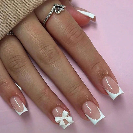 24pcs Medium Square White French Fake Nails, Bow on Nails Detachable And Reusable Jelly Glue 1pc Cuticle Pusher