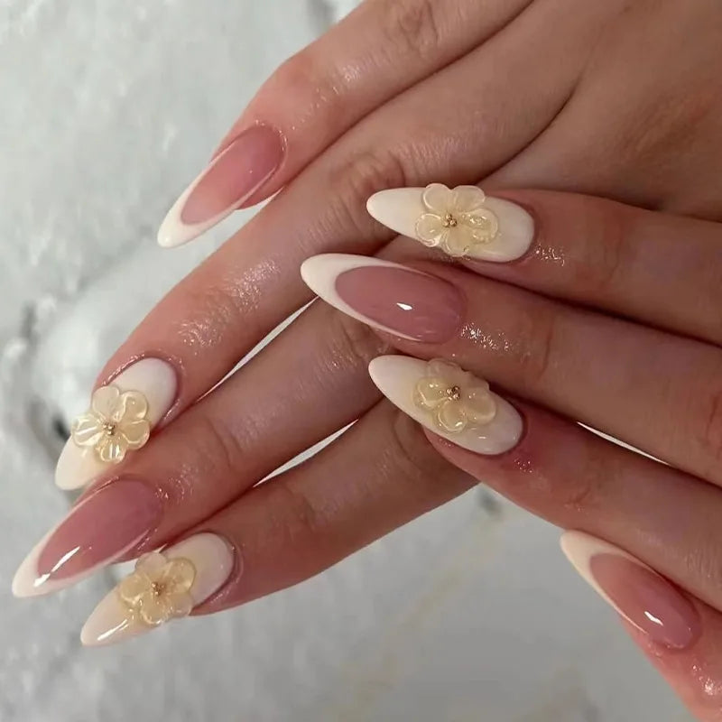 24pcs Long Almond Press on Nails Gold Bow Fake Nails Cherry Pattern False Nail Artificial Tips Накладные Ногти Uñas Postizas 네일팁