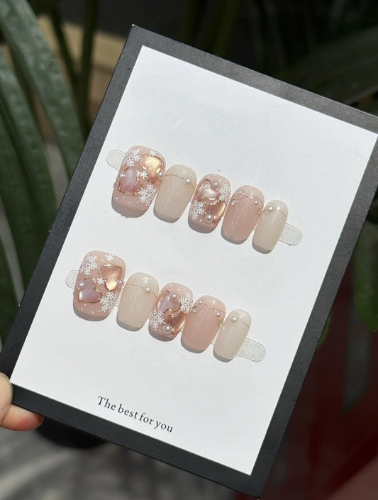 10Pcs Short Ballerina Handmade Press on Nails Snowflake Heart Cat's Eye Fake Nails Pearl Detachable Full Cover False Nails Tips