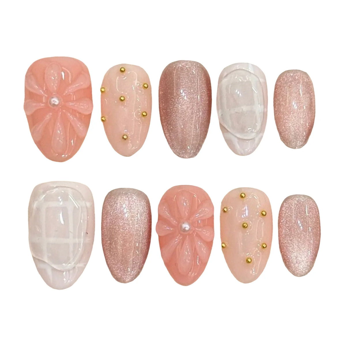 10pcs Handmade Almond Press On Nails Sweet Pink 3D Flower Cat's Eye False Nails Simple Daily Korean Style Fake Nail Manicure Art