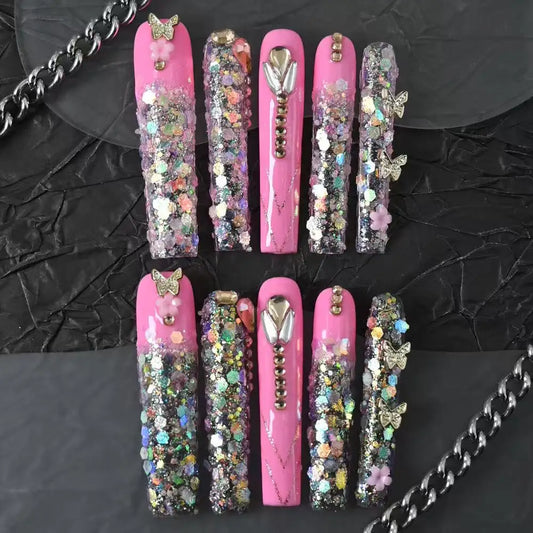 10pcs high-end Cute, sweet and cool style, with a dazzling three-dimensional diamond design handmade fake nails