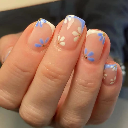 24pcs Sweet Flower Fake Nails Sets Press on Wearable Blue French Short Square False Nail Tips with Shiny Powder Design Manicure