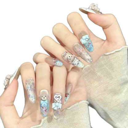 10pcs Light Blue Fragments Floral Press On Nails Handmade 3D Cute Bear Bows Heart Decor False Nail Sweet French Style Fake Nail