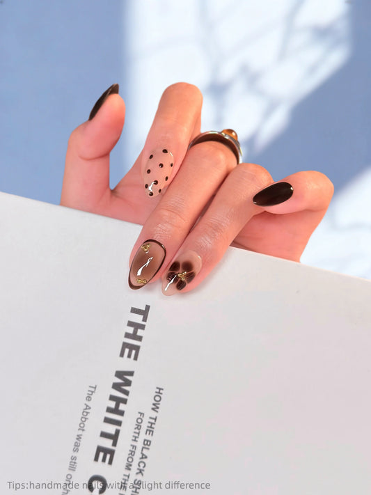 10pcs Handmade Brown Polka Dot Flower Press on Nails Almond Short Wearable Reusable Korean Sweet False Nails 2026