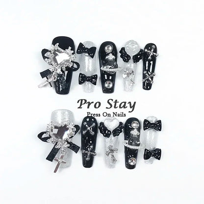 10pcs Dark Black Y2k Hot Girl Handmade Press On Nails Sweet Cool With Diamond Metal Decoration Wearable Artificial False Nail