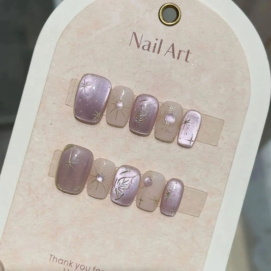 10Pcs Handmade Press on False Nails Purple Short Square Head Cat Eye Designs Wearable Nail Art Full Cover Glittering Nail Patch