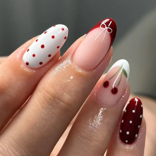 24pcs Mid-length Almond Fake Nail Art Wine Red French Nails Tips Bow Polka Dot Design False Nail Set Sweet Cherry Press on Nails
