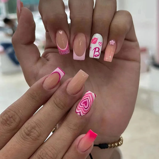 24pcs Short Ballet False Nails Cute Flower Design White Press on Nails Sets Finished Square Fake Nail Simple Datachable Manicure