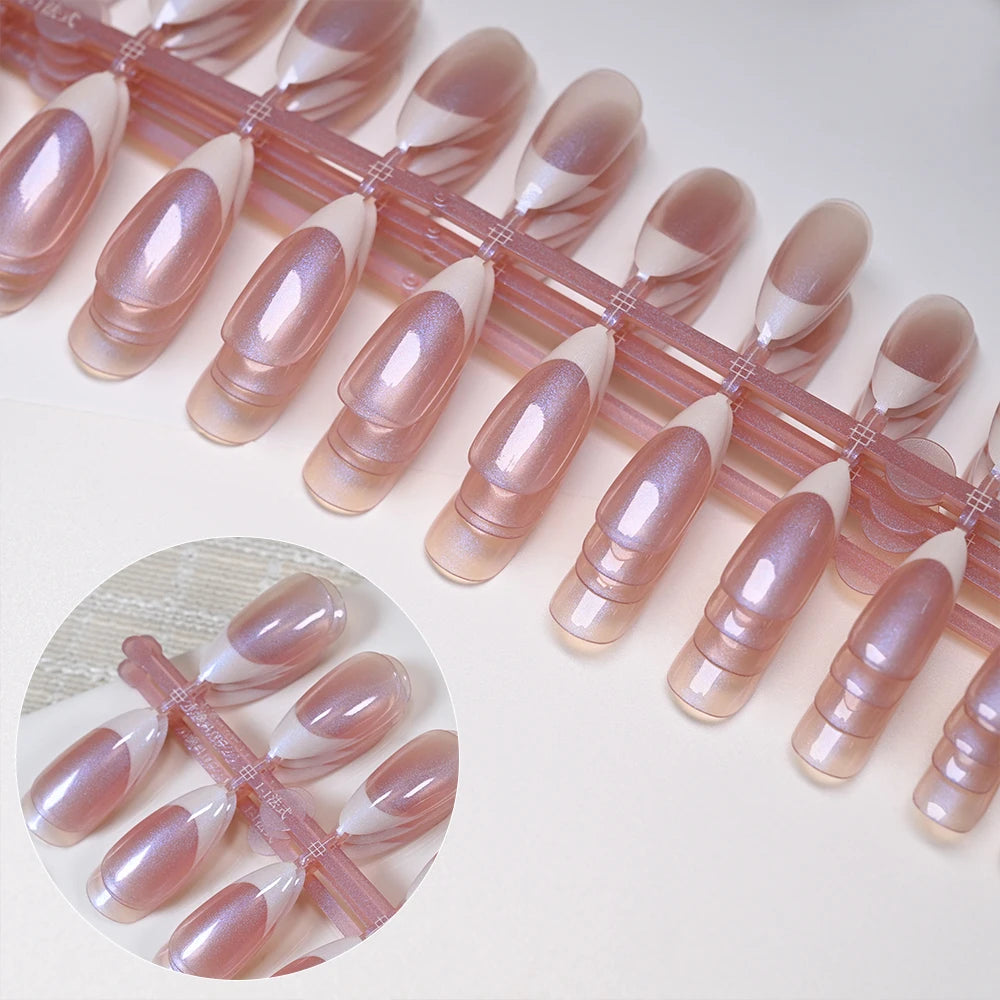 120pcs Sparkling Pearlescent Reusable Acrylic Fake Nails Chrome Plated Pink Almond False Nails Full Cover French Press-On Nails*