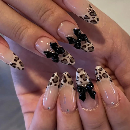 10pcs-XS/S/M French Almond Press on Nails Leopard Print False Nails 3D Bow Wearable Stick-on Nails Fake Nail