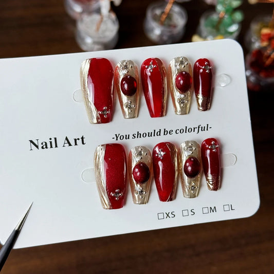 10pcs high-end Bucherati, retro and light luxury, with sparkling wine red cat's eyes handmade fake nails