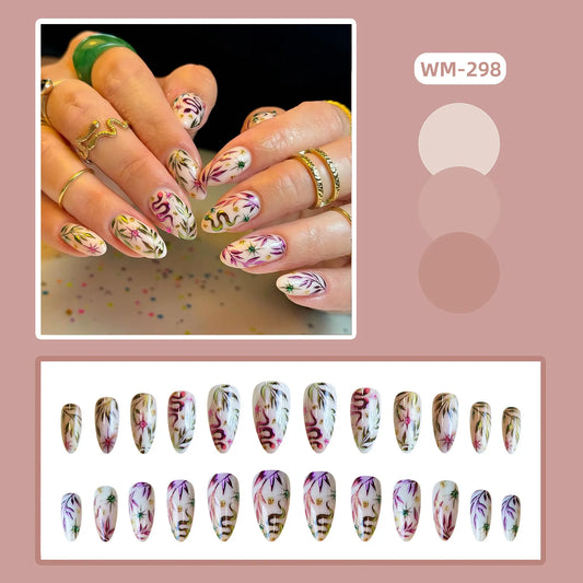 24PCS Almond Fake Nails Metallic Snake Leaf Design Colorful Floral Pattern Press on Nails Gold Dot Reusable False Nails Manicure