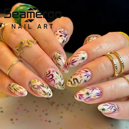 24PCS Almond Fake Nails Metallic Snake Leaf Design Colorful Floral Pattern Press on Nails Gold Dot Reusable False Nails Manicure
