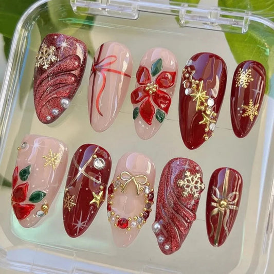 24pcs Christmas Long Almond Press on Nails Flower Bow Pearl Design Red False Nails Tip Detachable Snowflake Rhinestone Fake Nail