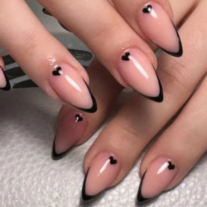24pcs ，Black French Tip Press on Nails Valentine Fake Nails with  Glossy Almond Nails False Nails Black  on Nails