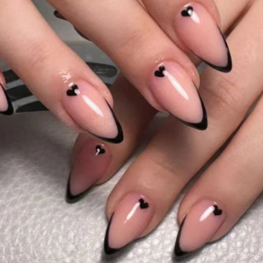 24pcs ，Black French Tip Press on Nails Valentine Fake Nails with  Glossy Almond Nails False Nails Black  on Nails