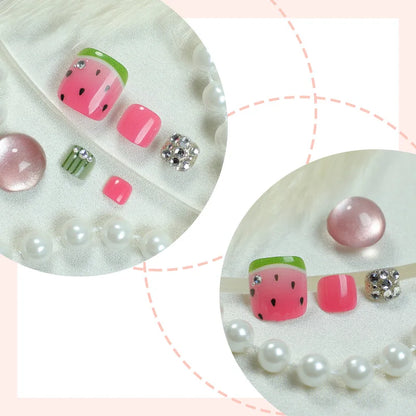 24pcs Colorful Painted Watermelon Fake Toenails Little Fresh Summer Beach Wearable False Toenail Shiny Diamond Press On Toenails