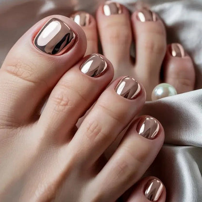24PCS Y2K Silver Mirror False Toenails With Designs Wearable Summer Press On Short Square Glitter Fake Toe Nails Feet Nail Tips