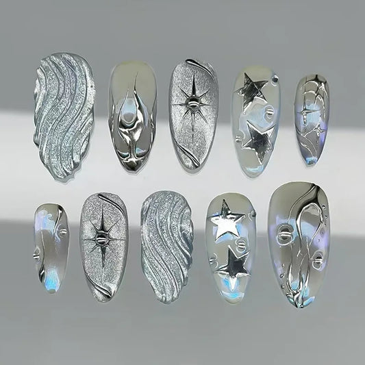 24Pcs Mid-length Almond Press on Fake Nails Silver Star Irregular Design False Nails Cat's Eye Detachable Full Cover Nails Tips