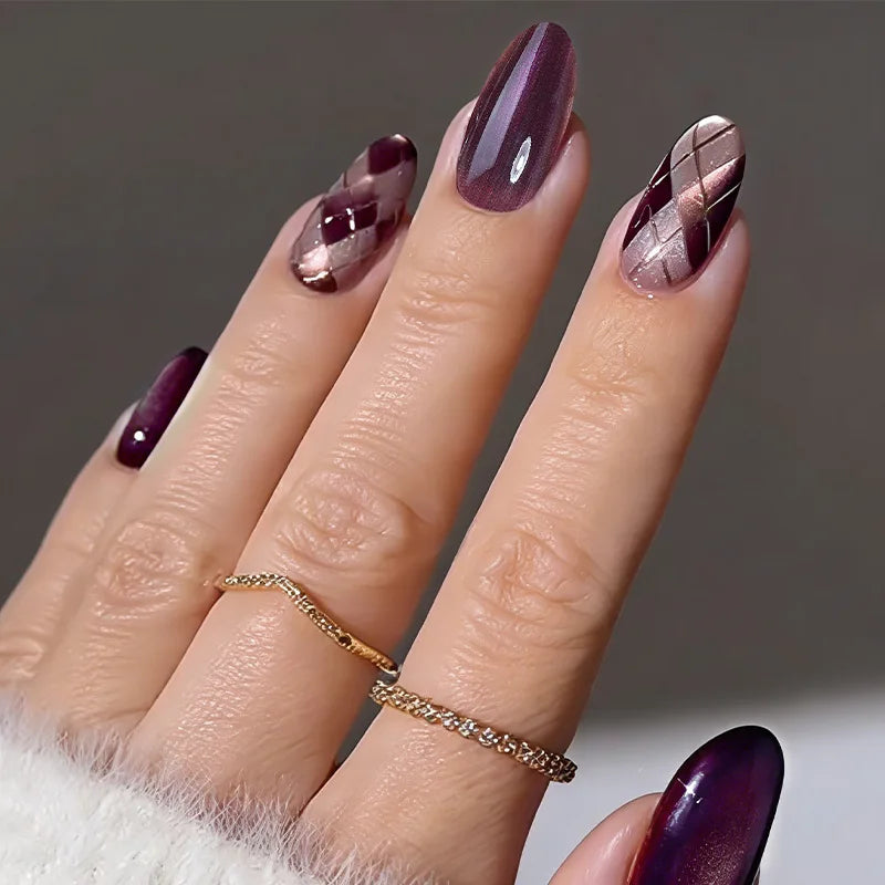 24pcs Almond False Nails Spring Summer Stick on Purple Cat's Eye Press on Nails Oval Fake Nail Flower Gold Leaf Design Manicure