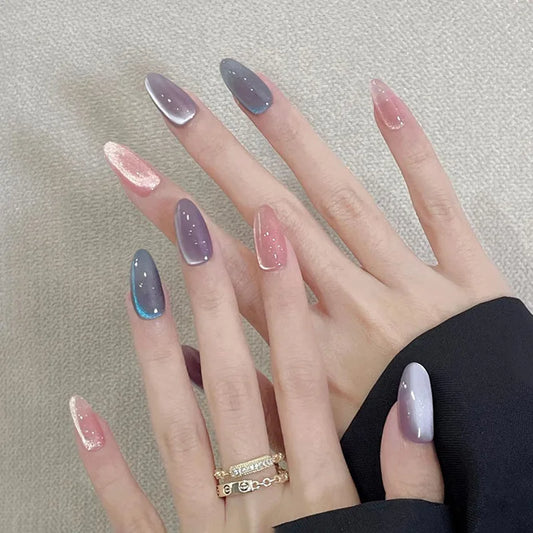 24pcs Rainbow Glass Beads Press On Nails Flash Colorful Cat's Eye Sweet Almond False Nails Spring Summer Clear Fake Nail Wearabl