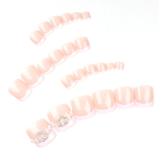 24PCS White French Style Pressed Toenail Art Heart-Shaped Rhinestone Flower Design Fully Covered Acrylic Toe Nails