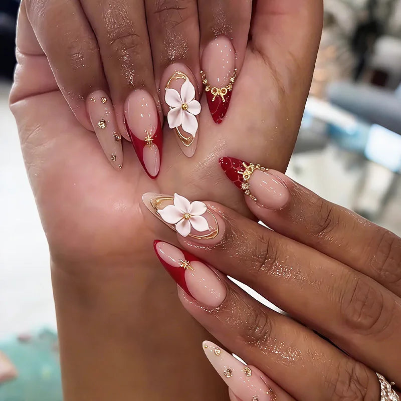 24Pcs Mid-length Almond Press on Fake Nails with Insect Flower Button Design Full Cover Nails Tips Reusable Finished False Nails
