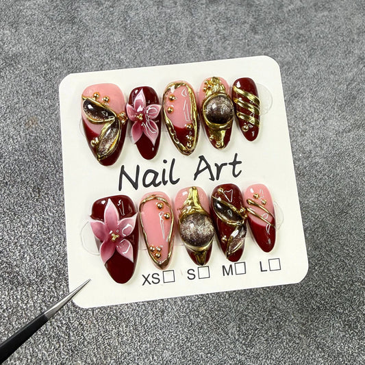 10Pcs Light Luxury Retro Flowers Nail Art French Metal Cat-eye Butterfly Handmade False Nails Fashion Detachable Acrylic Nails