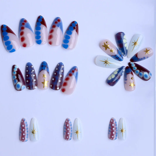 24PCS Almond Shape Fake Nails with Gold Stars Gilded Spots French Design Press on Nails Hand Drilled Full Cover Removable Nails
