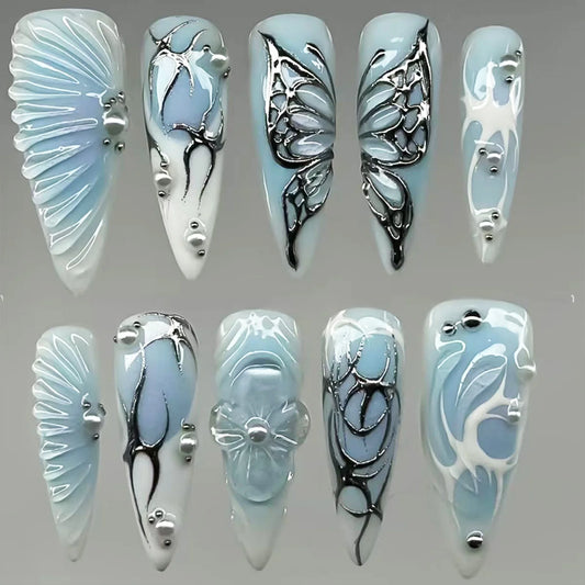 10pcs Punk Style Handmade Press On Nails Flash Rhinestone Textured Almond False Nails 3D Relief Flower Sweet Cool Fake Nail Tips