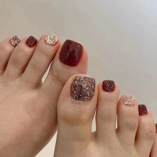 24pcs Glitter Press on Toenails Finished Wine Red False Nails Set Simple Shiny Powder Design Short Square Fake Nail Tip Manicure