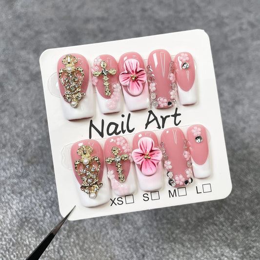10Pcs/set Sweet Nude Pink Ballet Press on Fake Nails Metal Gold Rhinestone Flower Handmade French Coffin Reusable Nail Stickers