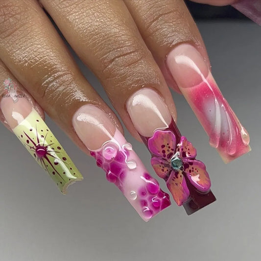 3D Hibiscus Orchid Nails Sculpted Flowers Handmade Press on Nail Acrylic Summer Hand Painted Air Brush Long Square French Tips