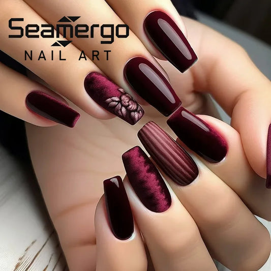 24PCS Wine Red Armor Wearable Nails Flowers Design Valentines Day Manicure Rose Lover Fake Nails Press on False Nails for Women