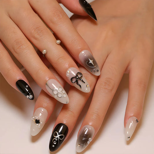 24Pcs Mid-length Almond Reusable Fake Nails Press on 3D Flower Spot Pearl Full Cover False Nails Pink Smudge French Manicure Tip