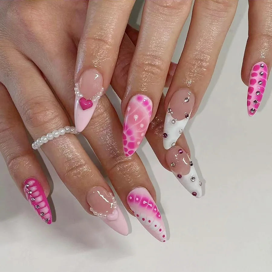 24pcs Bow Stick on Nail Art Gradient Red Long Stiletto Fake Nail Love Rhinestone Design False Nails Tips Finished Press on Nails