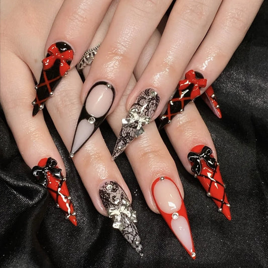 24pcs Bow Design Fake Nails Y2k Black Long Stiletto Press on Nails Sets Red Hot Girl False Nail Reusable Pearl Almond Manicure