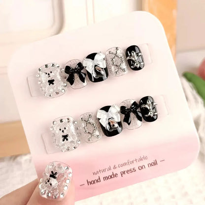 10pcs high-end Cute little bear bow heart handmade fake nails, Grey nail art