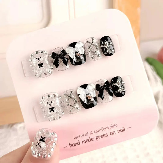 10pcs high-end Cute little bear bow heart handmade fake nails, Grey nail art