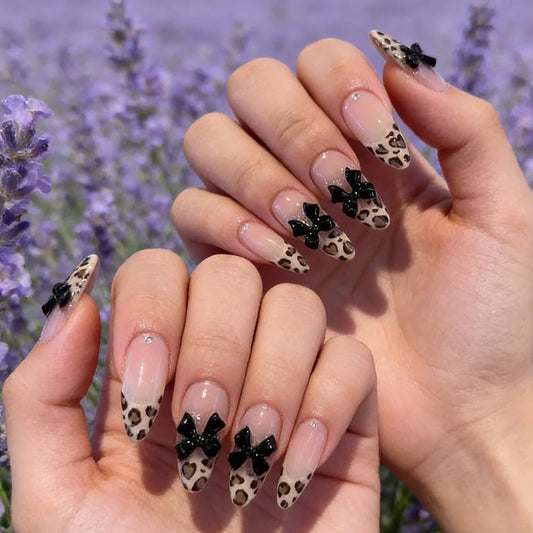 24Pcs French Fake Nails Almond Long Coverage Press On Nails Cute 3D Bow diamond INS Reusable False Nail Leopard Wearing Nails