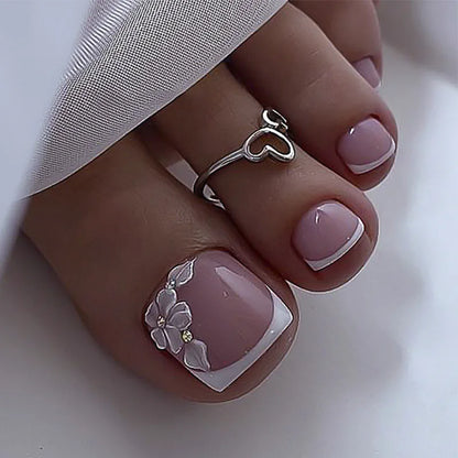 Silver Glitter White French Simple Wearable Nail Art Fashion Fake Toenails Detachable Finished Toe False Nails Press on Nails