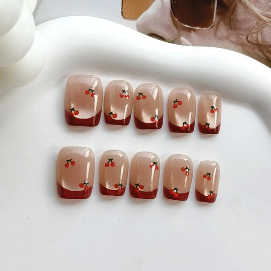 10Pcs French Style Cherry Half Handmade With Cat Eyes Press on Nails Spring Summer Must Have INS Trend Cute Nail Patch Fake Nail