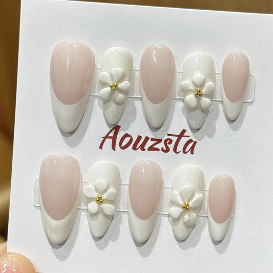 10pcs White French Handmade False Nails 3D Flower Press On Nails Reusable Glossy Almond Fake Nail Patch Simple Elegant Manicure
