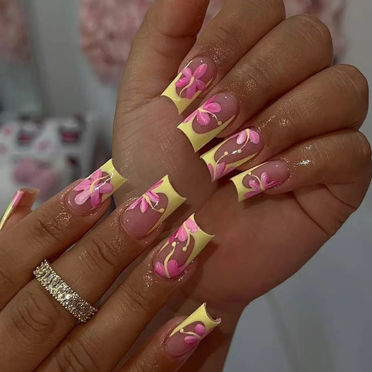 24pcs Finished False Nail Sets Yellow French Mid-length Square Fake Nail Art Ballet Nails Tips with Flower Design Press on Nails