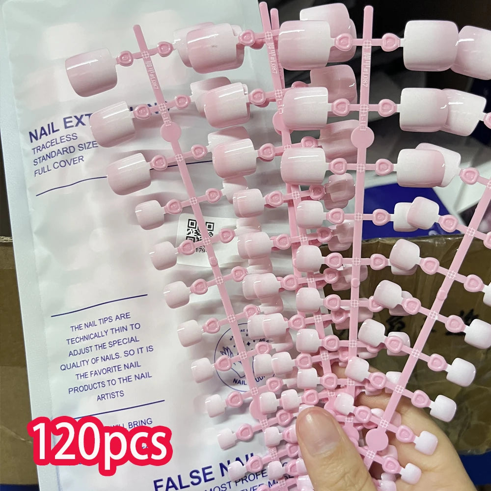 120pcs Pink/Naked French Fake Press On Toenails Shiny Glossy Short Square Full Cover Toenail Flake Kawaii Summer Women Toot Tips