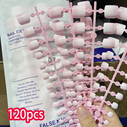 120pcs Pink/Naked French Fake Press On Toenails Shiny Glossy Short Square Full Cover Toenail Flake Kawaii Summer Women Toot Tips