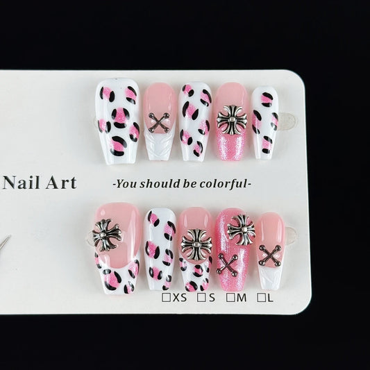 10pcs high-end Girlish gothic style, hand-painted leopard print, glittering small diamonds handmade fake nails