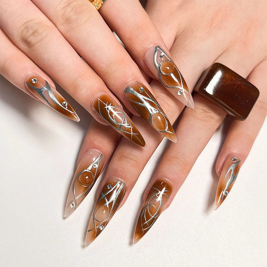 24Pcs Long Stiletto Nails Set Press on Cat's Eye 3D Flower Design Fake Nail Butterfly Love Heart Pattern Reusable False Nail Tip