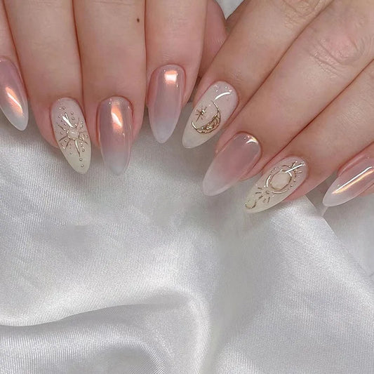 24pcs Pink False Nails Flower Lines Gradient Long Almond Press on Nails Tips with Pearl Design Fake Nail Art Wearable Manicure
